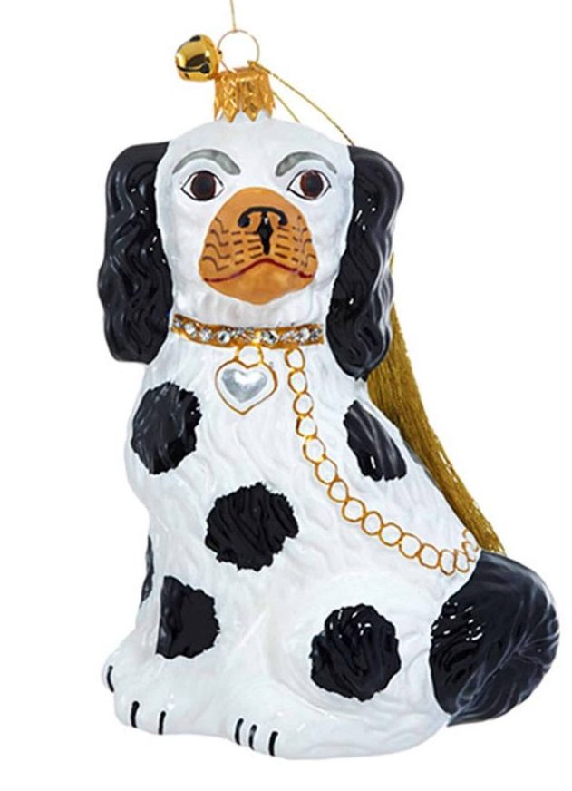 Cavalier Greetings - White and Black Spot Staffordshire Dog Christmas Ornaments - Front