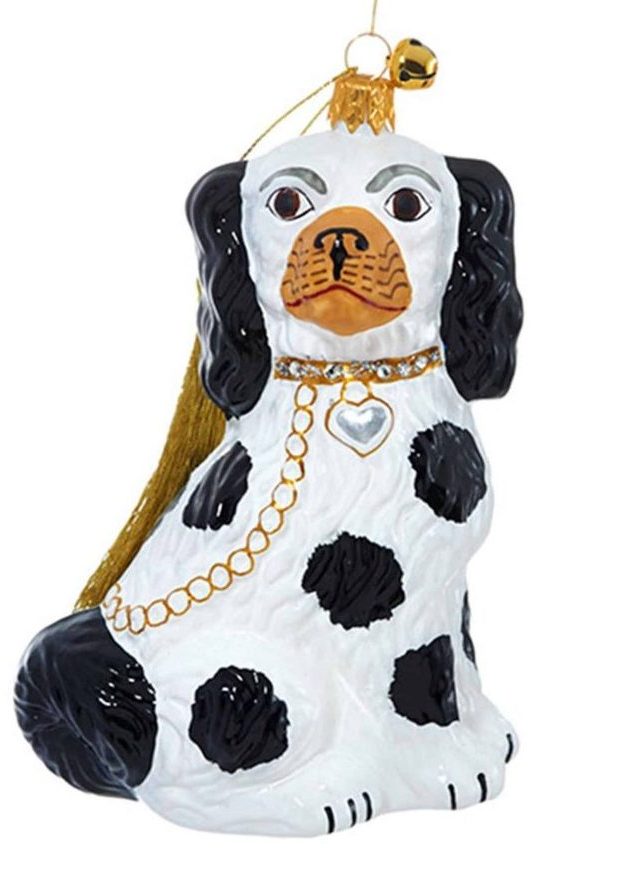 Cavalier Greetings - White and Black Spot Staffordshire Dog Christmas Ornaments - Front