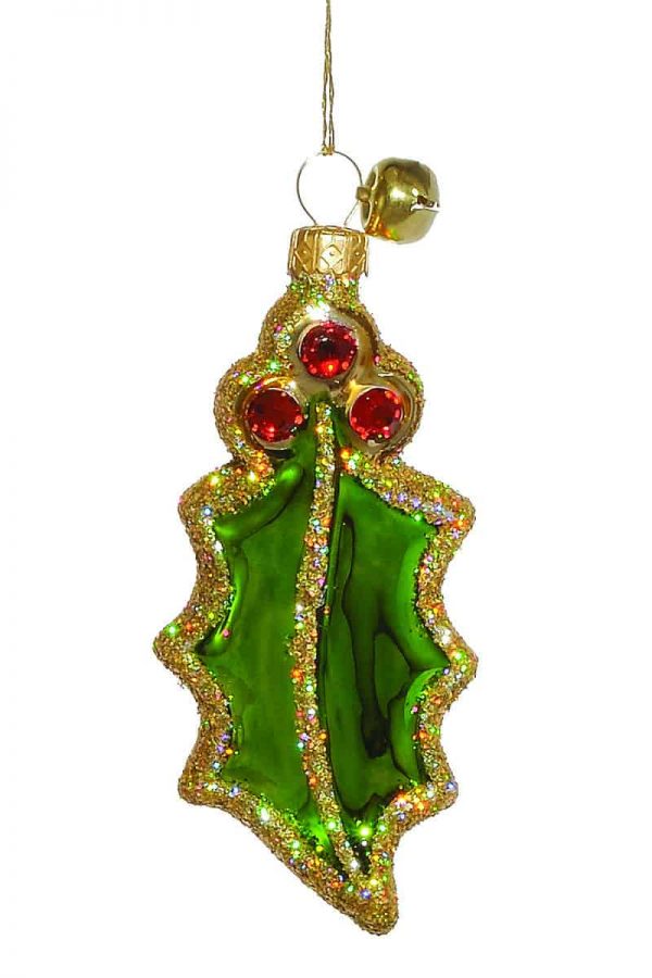 Special Unique Collectible Holiday Keepsake Shiny Hand Painted Glass Glitter Holly Berry Leaf Christmas Tree Ornament Decoration