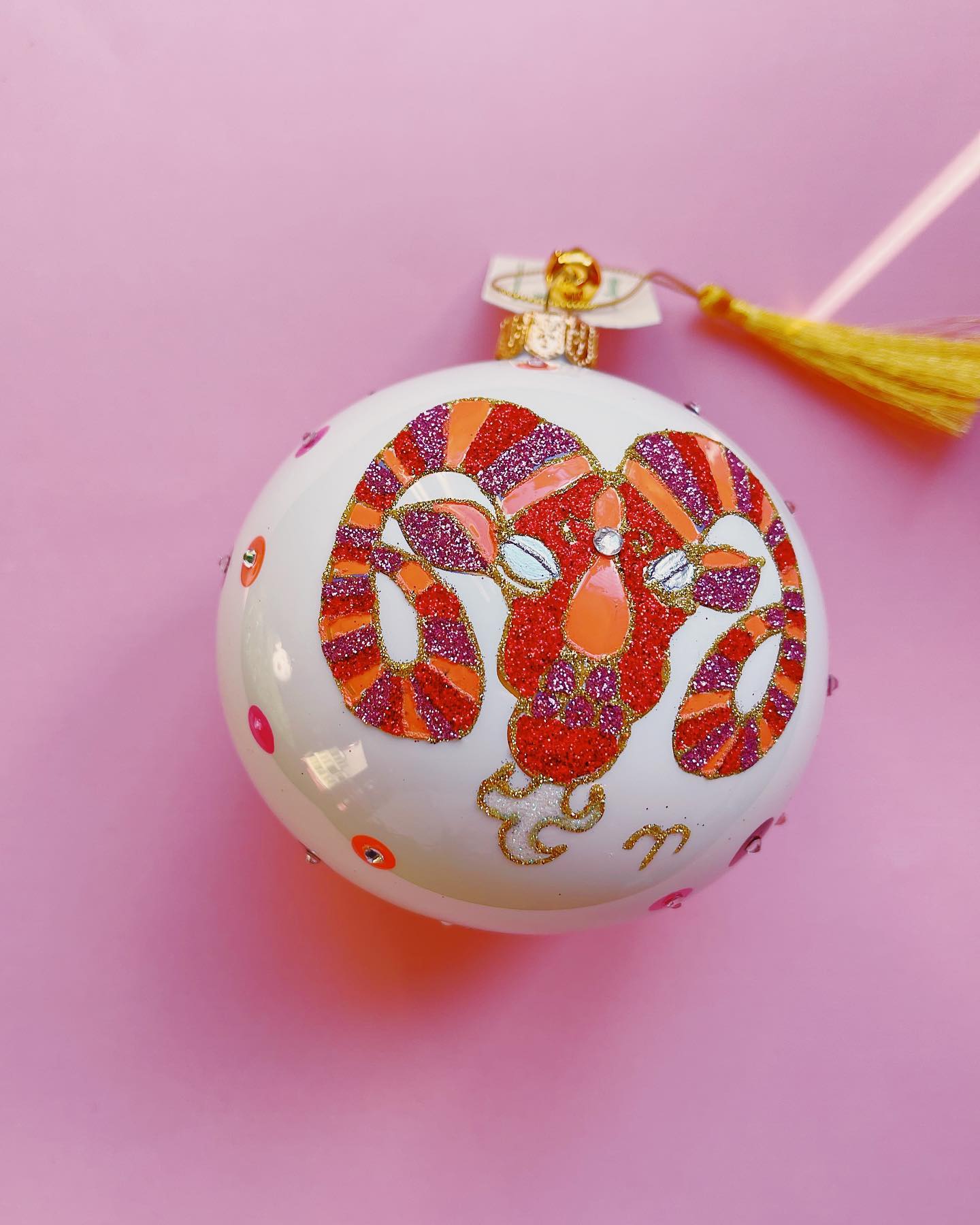 Collectible Pink and Orange Aries Zodiac Astrology Symbol Hand Painted Glass Ball Ornament for Holiday Christmas Tree Decorations