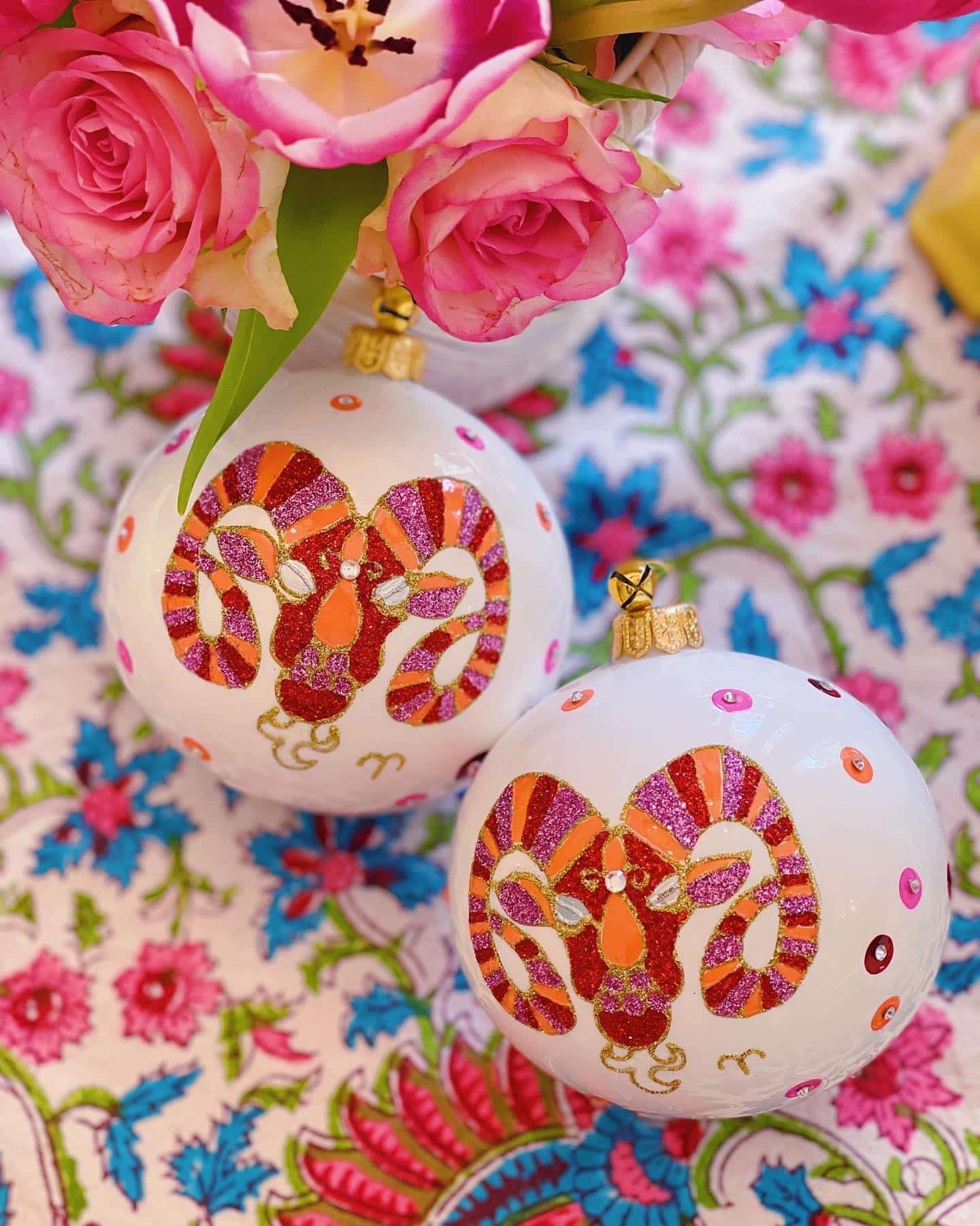 Collectible Pink and Orange Aries Zodiac Astrology Symbol Hand Painted Glass Ball Ornament for Holiday Christmas Tree Decorations