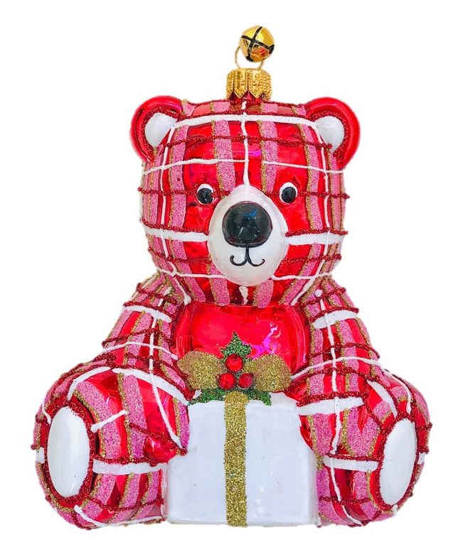 Glass Pink, Red and White Plaid Bear Christmas Tree Ornament