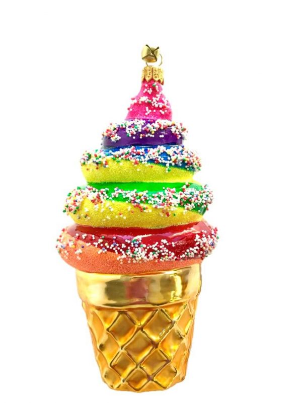 Fun Food Colorful Rainbow Swirl Sprinkle Glass Ice Cream Cone Christmas Tree Ornament Holiday Decoration