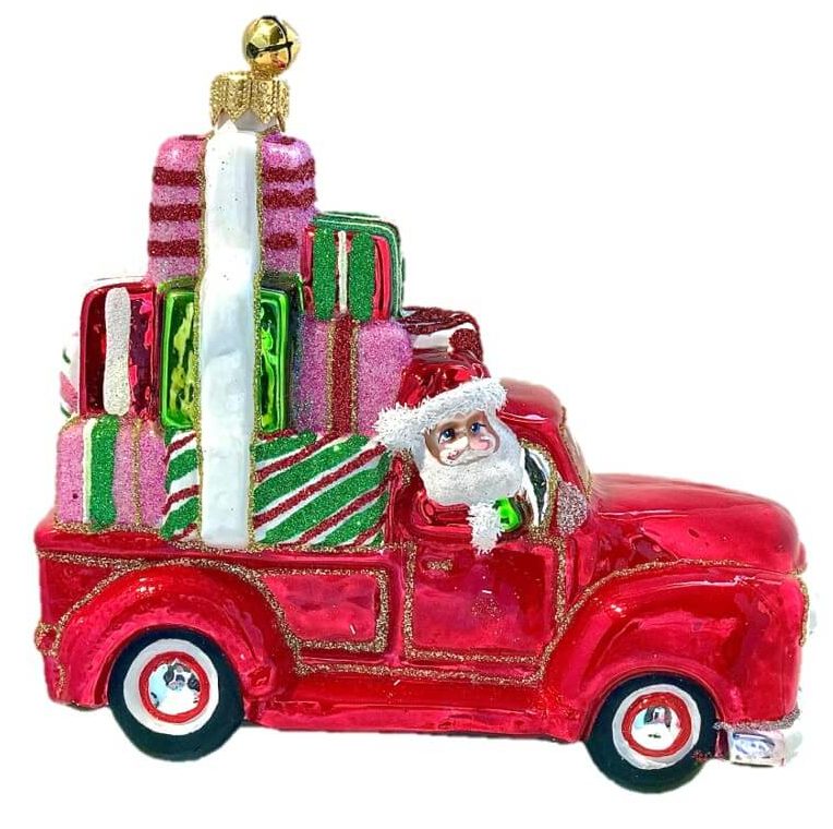 Glass Christmas Tree Ornament with Santa in a Red Pickup Truck with Christmas Presents