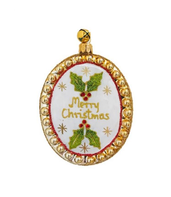 Hand Painted Retro Glass Merry Christmas Tree Medallion Ornament
