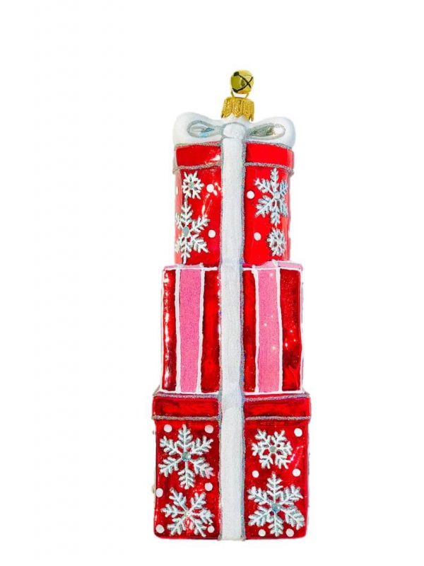 Special Keepsake Glass Pink and Red Stripe Snowflake Patterned Christmas Presents Ornament