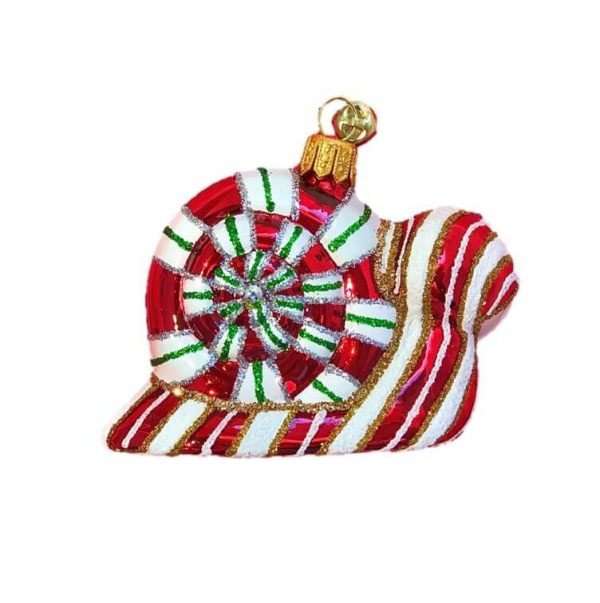 Unique Whimsical Hand Painted Peppermint Patterned Glass Snail Christmas Tree Ornament Decoration