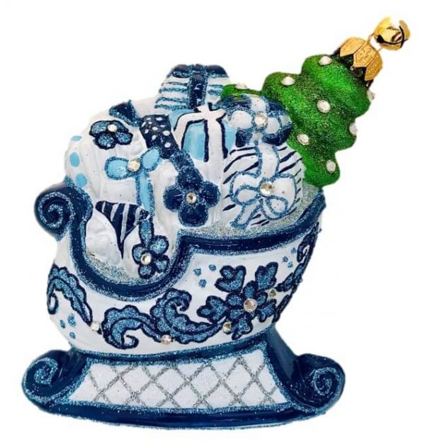 Unique Hand Blown Glass Delft Blue and White Chinoiserie Style Santa Sleigh with Presents and Christmas Tree Holiday Tree Ornament Decoration