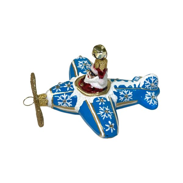 Special Keepsake Hand Painted Blue Snowflake Patterned Glass Santa in an Airplane Christmas Tree Ornament Holiday Decoration