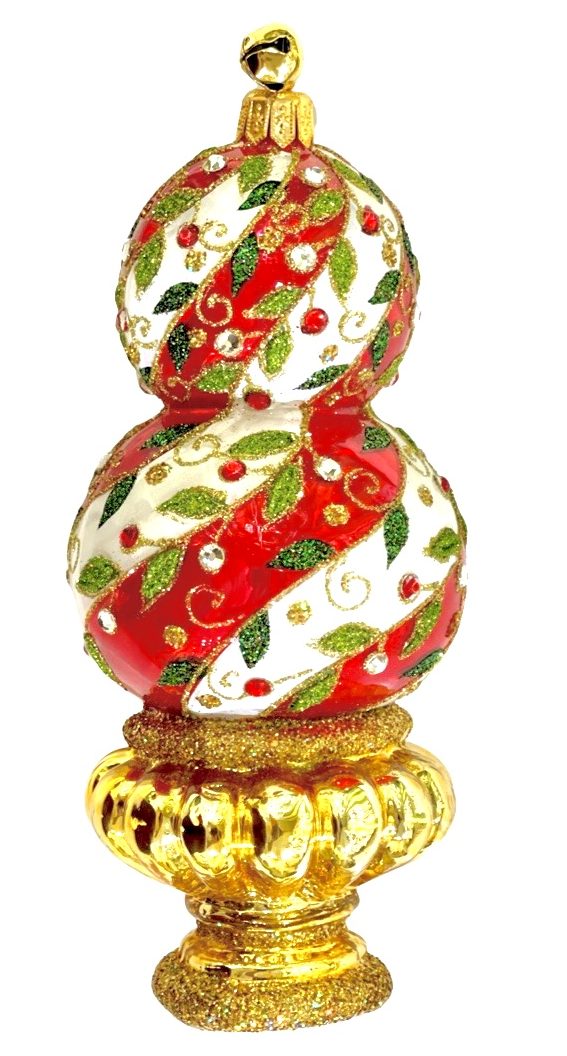 Unique Keepsake Red and White Stripe Holly Berry Leaf Patterned Two Ball Topiary Tree Christmas Ornament Holiday Decoration