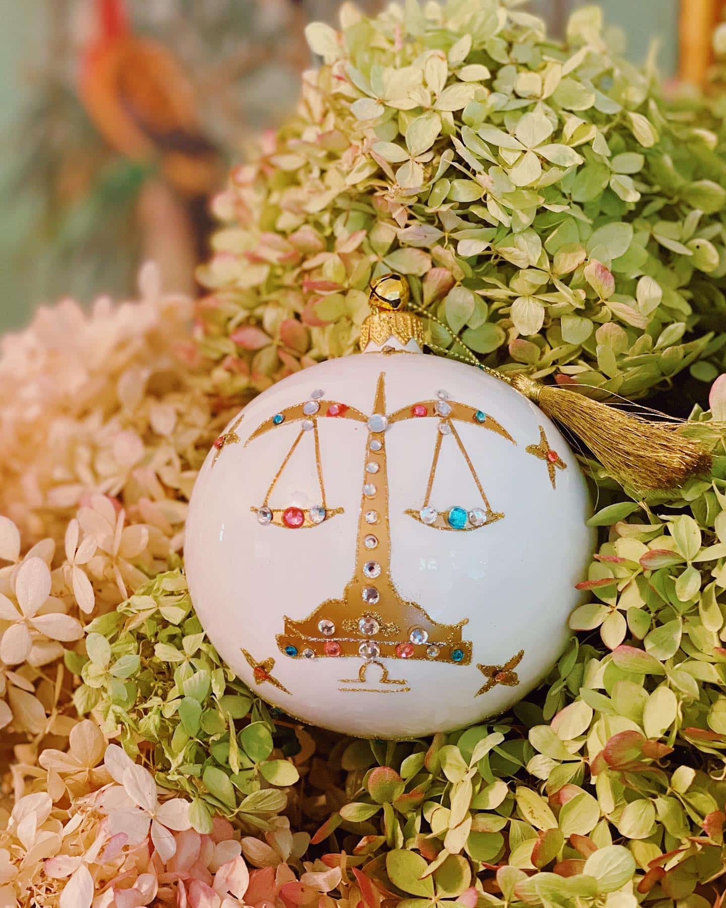 Collectible Hand Painted Gold Jeweled Libra Scale Horoscope Ball Zodiac Astrology Symbol Christmas Tree Ornament Decoration