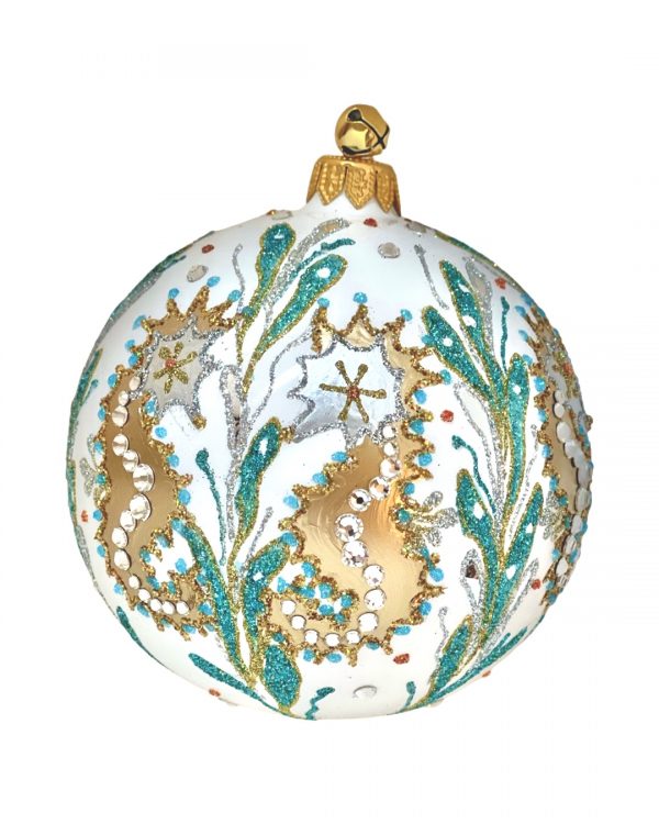 White Hand Painted Gold Sea Horse Ocean Glass Ball Christmas Tree Ornament Holiday Decoration