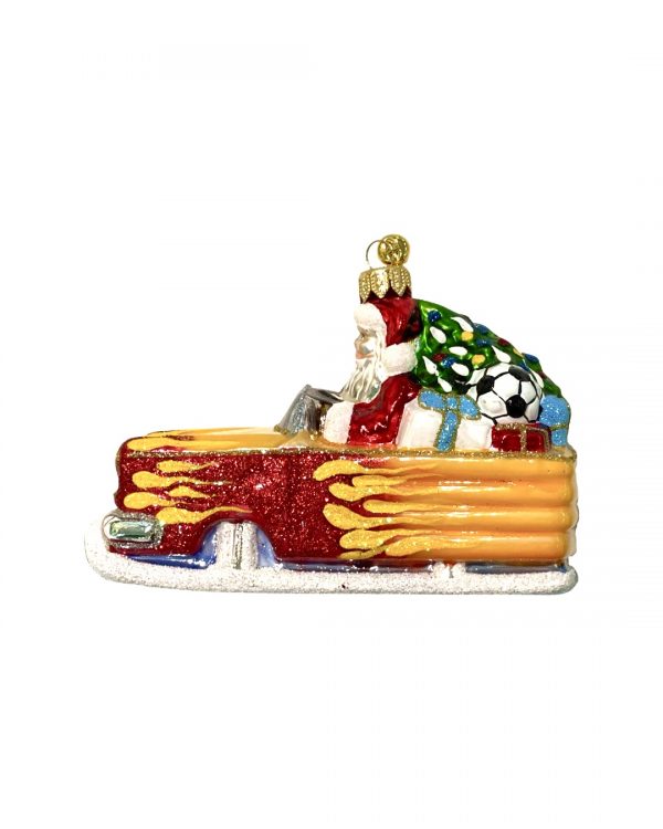 Unique Collectible Hand Painted Glass Santa in a Flames Convertible Car Christmas Tree Ornament Holiday Decoration