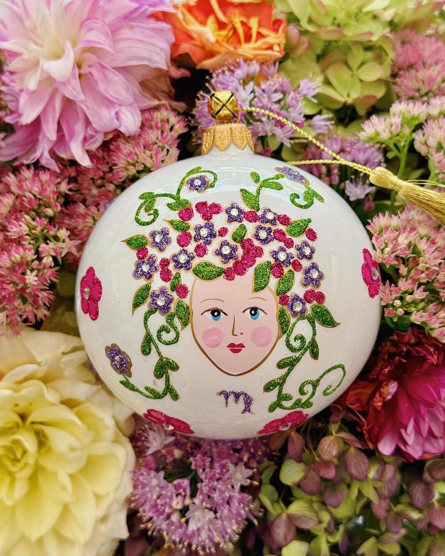 Collectible Hand Painted Purple and Pink Flower Hair Virgo Maiden Zodiac Astrology Symbol Christmas Tree Ornament Decoration