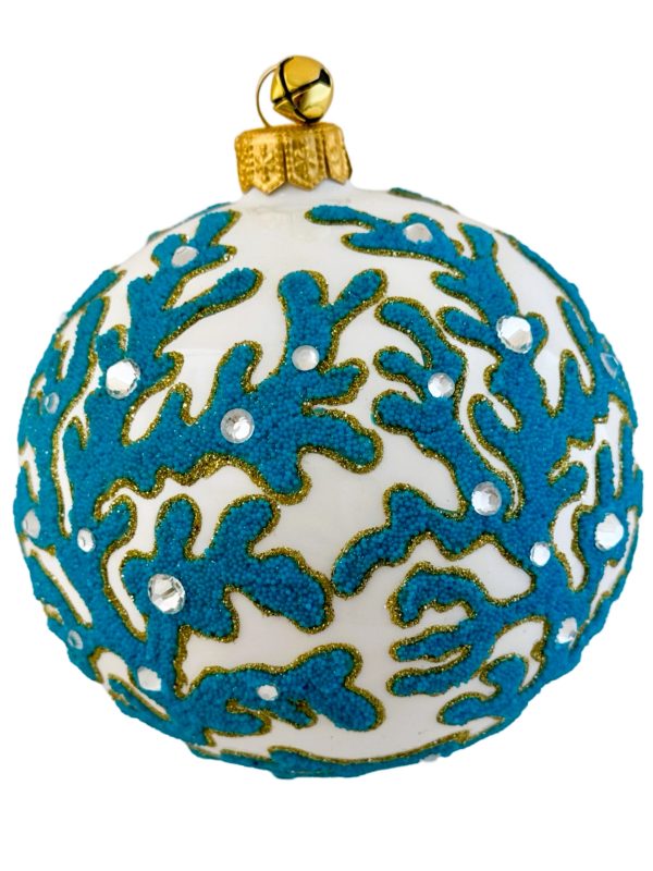 Unique Blue and White Blown Glass Hand Painted Coral Ball Christmas Tree Ornament Coastal Holiday Decoration