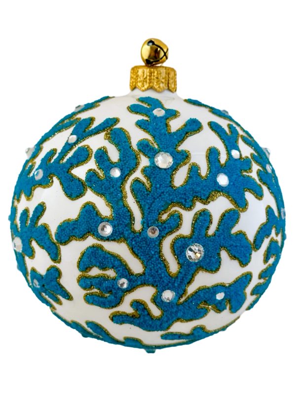 Unique Blue and White Blown Glass Hand Painted Coral Ball Christmas Tree Ornament Coastal Holiday Decoration