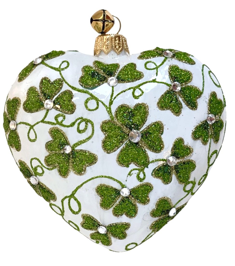 Unique Hand Painted Glass Green Ombre Glitter Shamrock and Four Leaf Clover Patterned Irish Heart Christmas Tree Holiday Tree Decoration