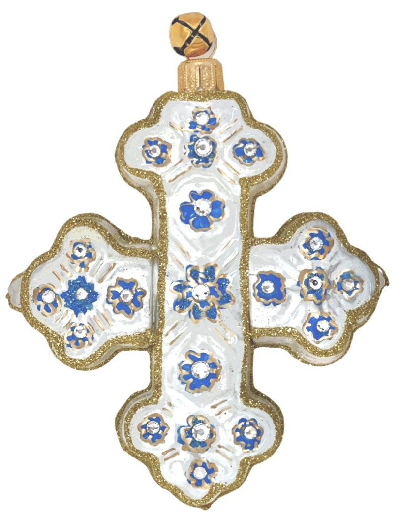 Special Keepsake Glass Blue and White Jeweled Cross Christmas Tree Ornament Decoration