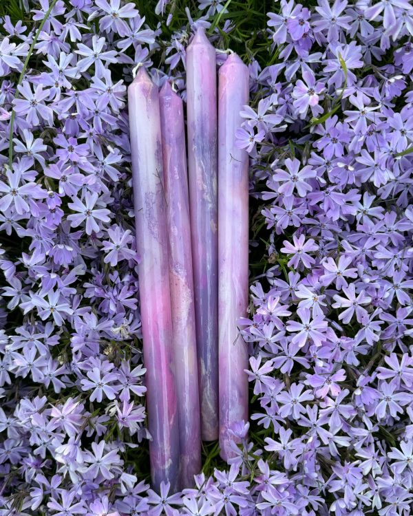 hand made purple and lilac decorative marbled taper candles