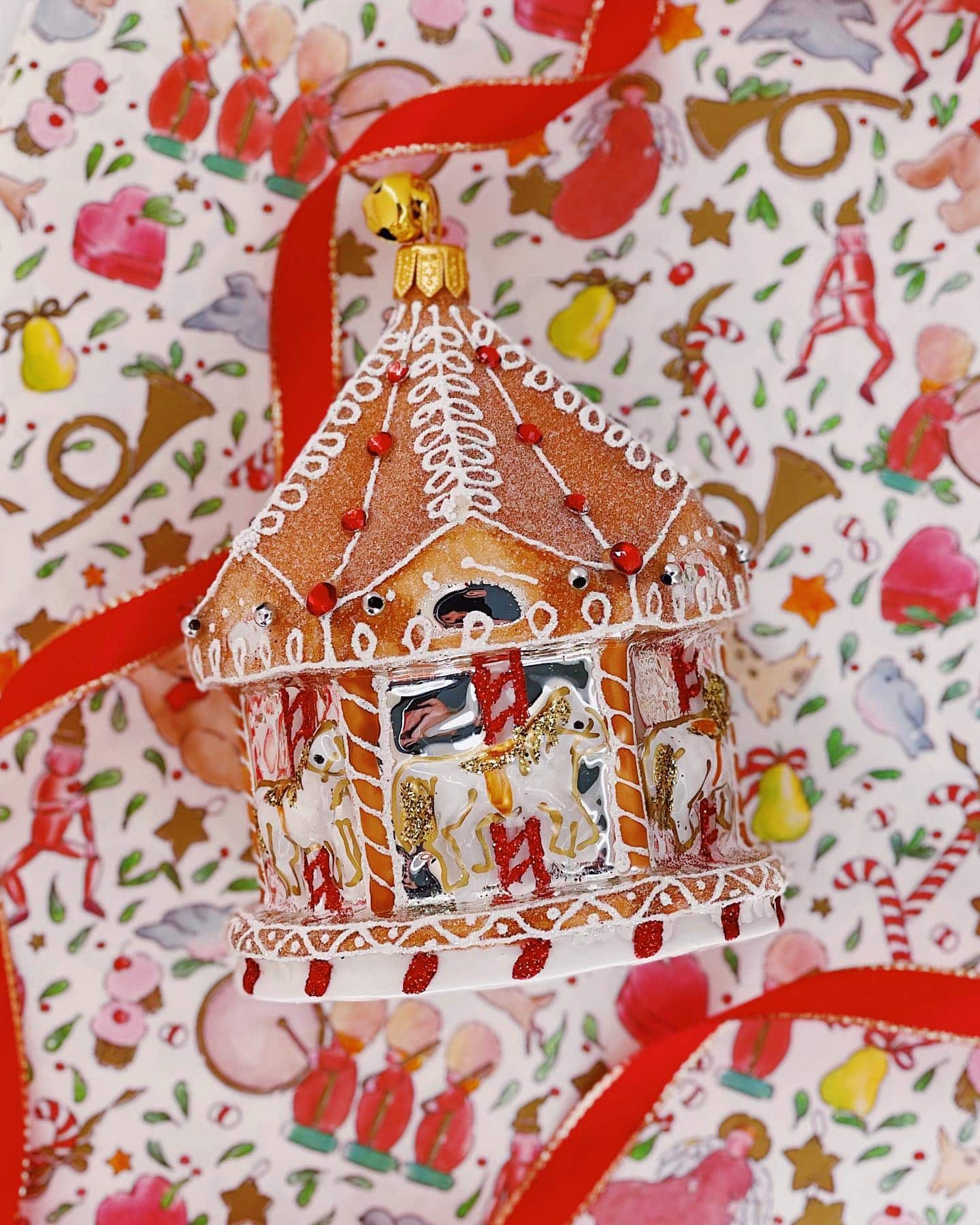 Unique Whimsical Glass Gingerbread Carousel Christmas Tree Ornament Holiday Decoration