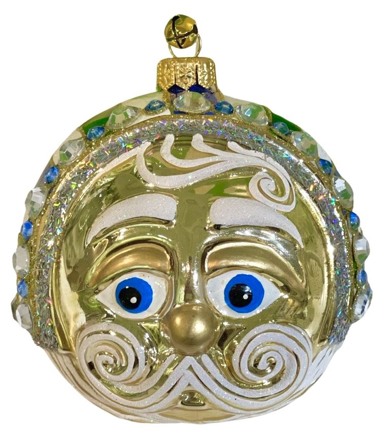 Unique Hand Painted Glass Gold Jeweled Santa Head Christmas Tree Ornament Decoration