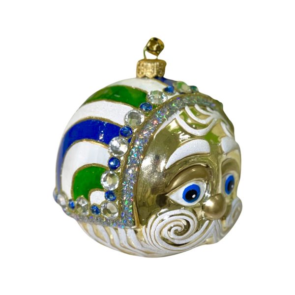 Unique Hand Painted Glass Gold Jeweled Santa Head Christmas Tree Ornament Decoration