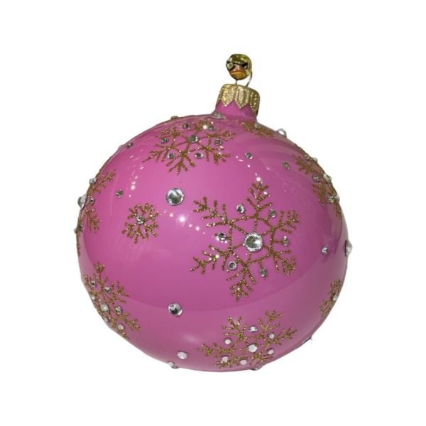Hand Painted Gold Glitter Snowflake Patterned Glass Pink Ball Christmas Tree Ornament Decoration