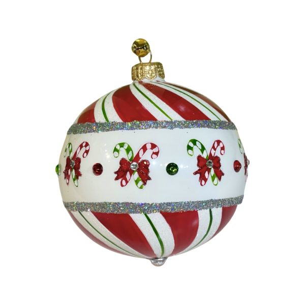 Hand Painted Glass Red and White Stripe Peppermint Candy Cane Ball Christmas Tree Ornament Decoration