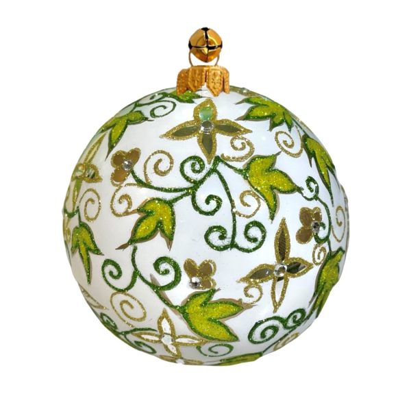 Special Hand Painted Glass White, Green and Gold Floral Patterned Christmas Ball Ornament Decoration