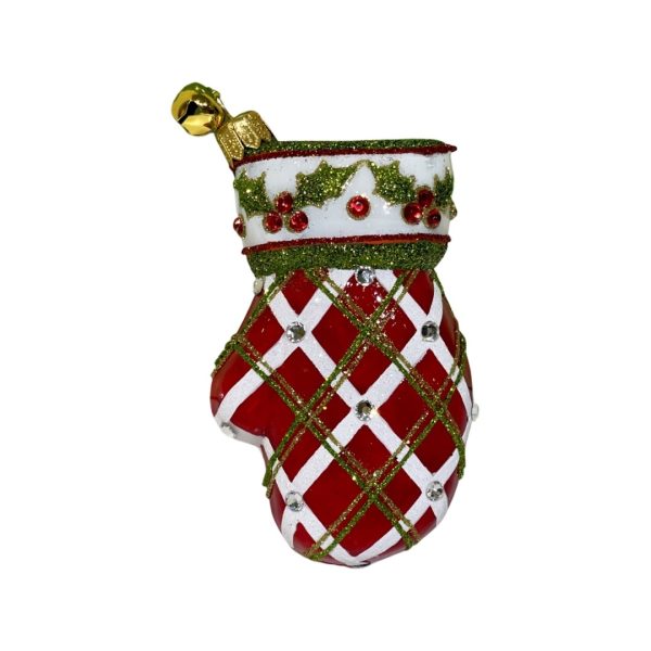 Hand Painted Glass Christmas Plaid and Holly Berry Leaf Mitten Christmas Tree Ornament Decoration