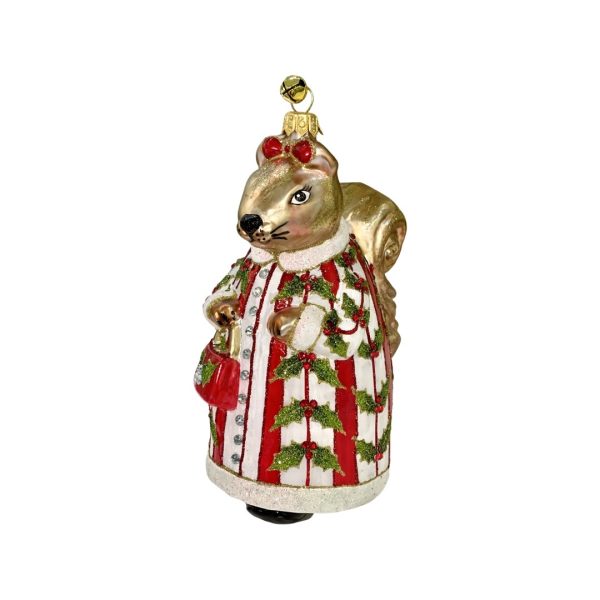 Unique Whimsical Hand Blown Glass Holiday Squirrel in Christmas Dress with Acorn Purse Ornament Christmas Tree Decoration