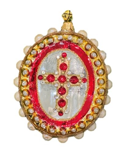 Hand Painted Glass Jeweled Cross Medallion Christmas Tree Ornament Decoration