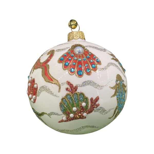 Hand Painted Blown Glass Aquatic Glitter Sea Shell Pearl and Koi Fish Ball Ornament Holiday Coastal Christmas Tree Decoration