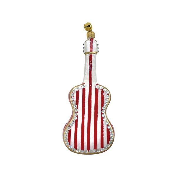 Hand Painted Blown Glass Patriotic Red, White and Blue Jeweled Guitar Christmas Tree Ornament Decoration
