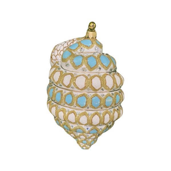 Hand Painted Blown Glass Whimsical Jeweled Blue, White and Gold Friendly Serpent Snake Christmas Tree Ornament Decoration