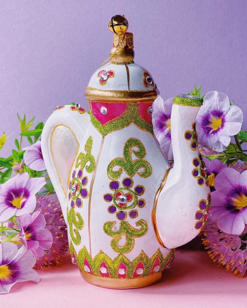 Hand Painted Blown Glass Tea Pot Christmas Tree Ornament Decoration