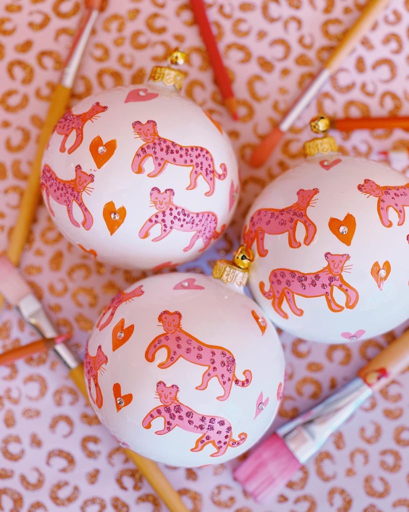 Whimsical Hand Painted Glass Pink Leopard Cheetah Ball Christmas Tree Ornament Decoration