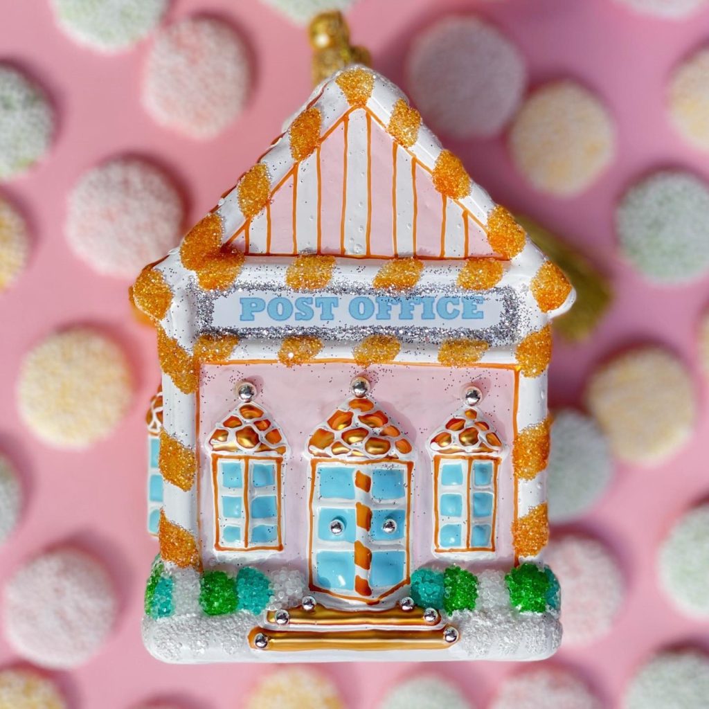 Hand Painted Pink Post Office Glass Gingerbread House Christmas Tree Ornament