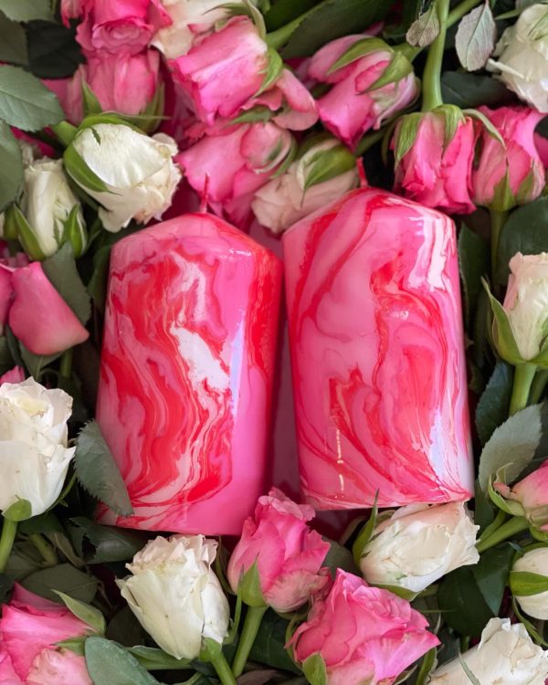 Designer Pink, Red and White Marbled Pillar Candle Decoration