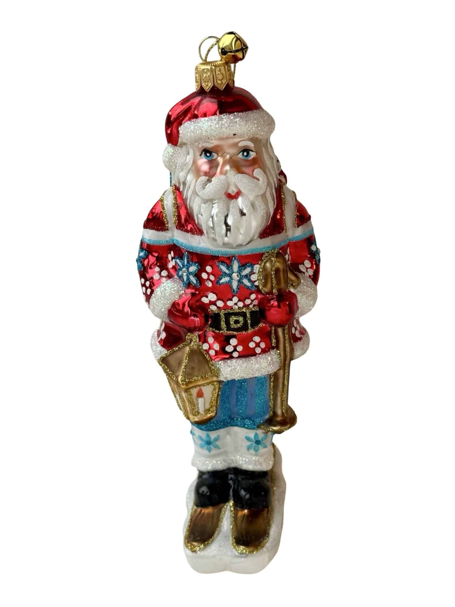 Hand-painted Polish glass Santa ornament skiing with red suit and snowflake pattern