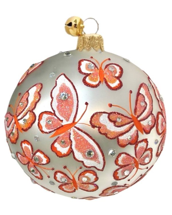 Limited Edition Collectible Keepsake Hand Painted Glass Pink, Peach and White Butterfly Ball Christmas Tree Ornament Decoration