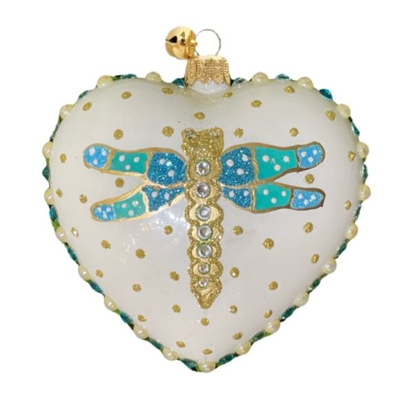 Keepsake Hand Painted Blue and Gold Dragonfly Heart Christmas Tree Ornament Holiday Decoration