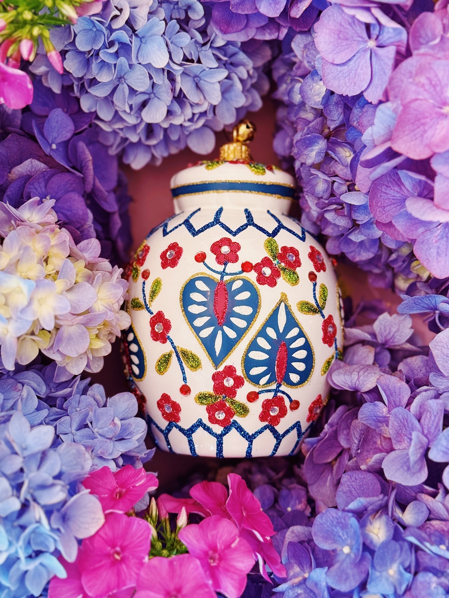 FLORETTA HAND PAINTED GLASS FLORAL GINGER JAR CHRISTMAS TREE ORNAMENT DECORATION