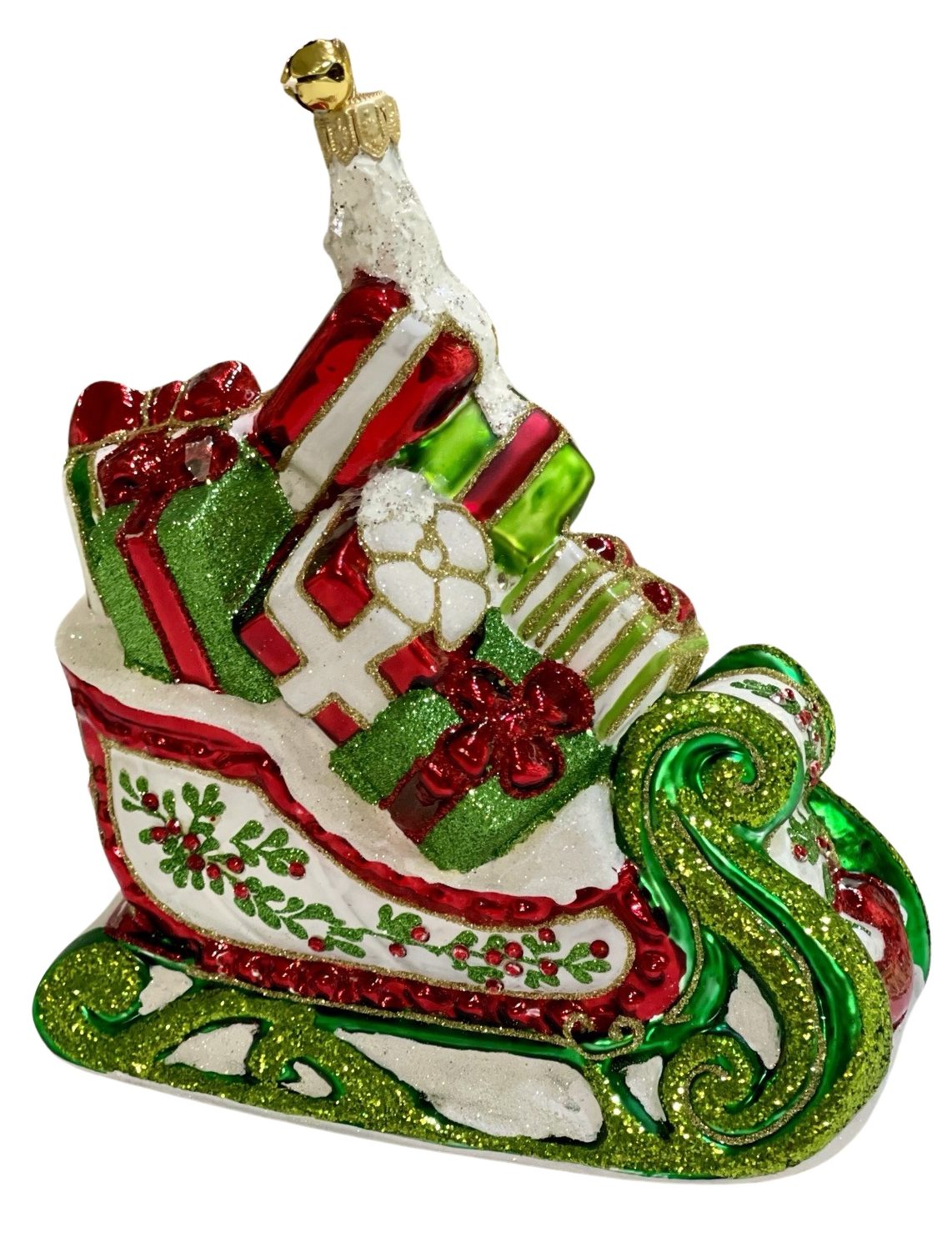 Unique Hand Painted Holly Berry Leaf Patterned Glass Santa's Sleigh with Presents Christmas Ornament Holiday Decoration