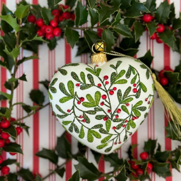 Hand Painted Glass Glitter Holly Berry Heart Christmas Tree Ornament Decoration