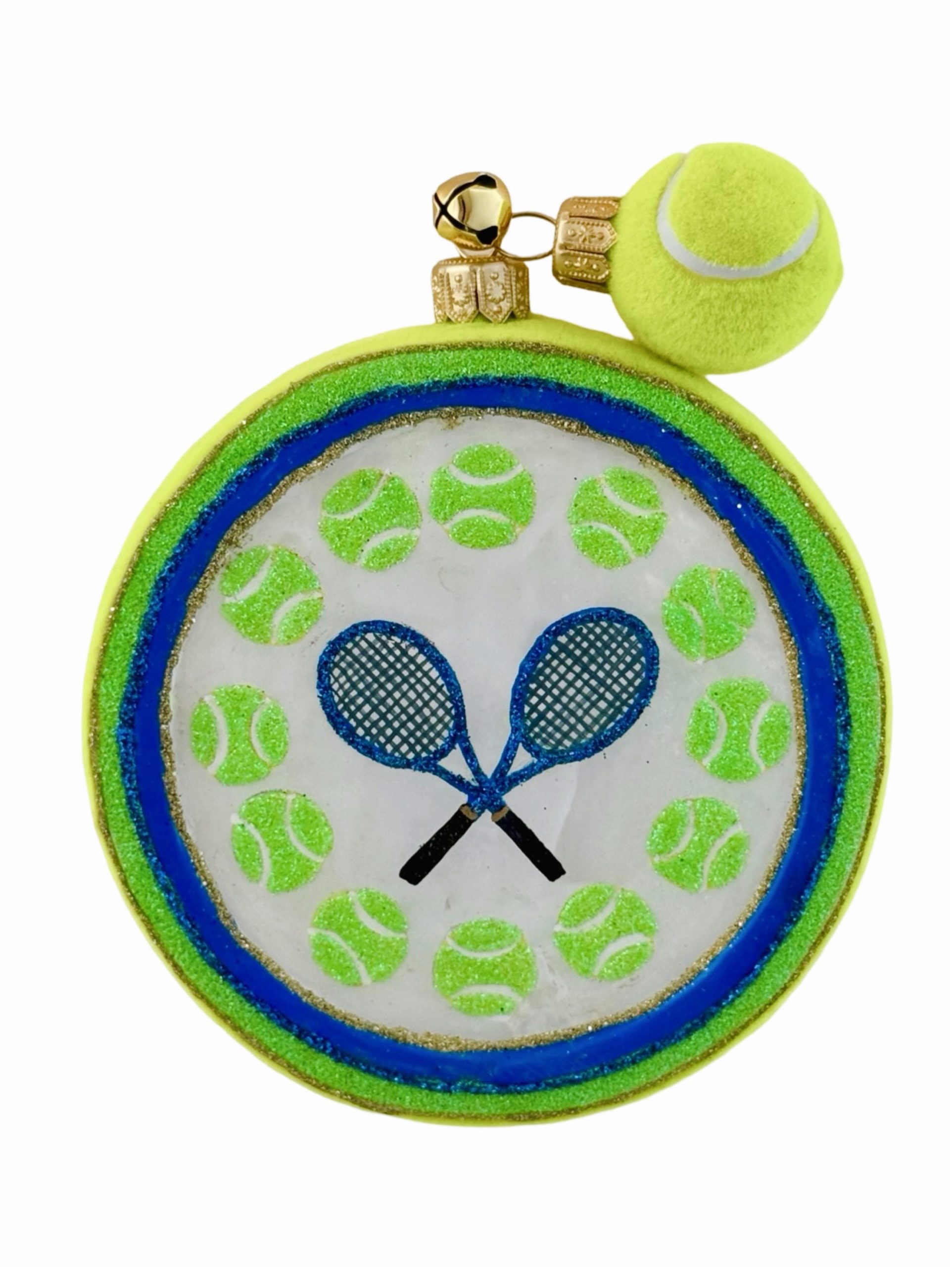 Hand Painted Glass Tennis Ball and Racquet Sport Christmas Tree Ornament Decoration