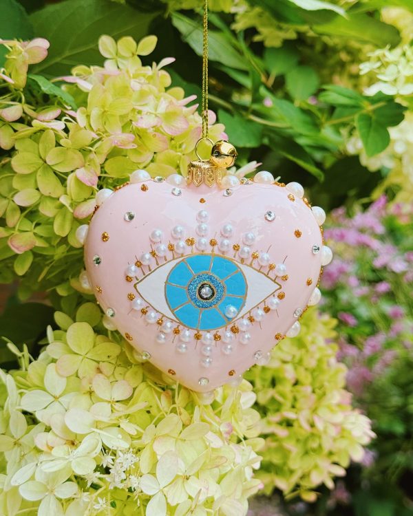 Hand Painted Whimsical Pink Jeweled Greek Protective Evil Eye Glass Heart Christmas Tree Ornament Decoration