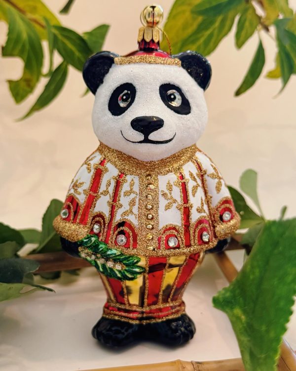 Whimsical Hand Painted Glass Panda Bear Christmas Tree Ornament