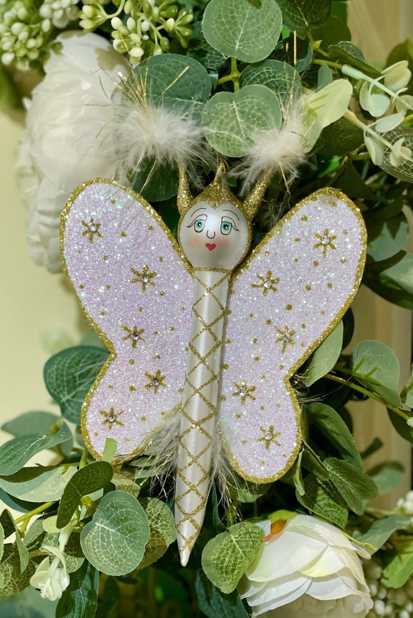 Free Hand Blown Italian Glass White and Gold Feather Trimmed Butterfly Christmas Tree Ornament Decoration