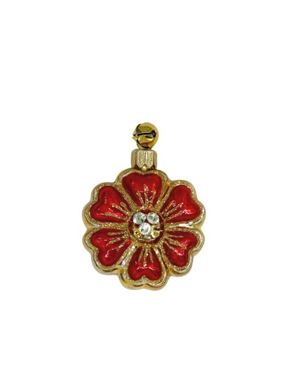 Hand Painted Glass Gold Glitter Trimmed Red Jeweled Flower Ornament Decoration